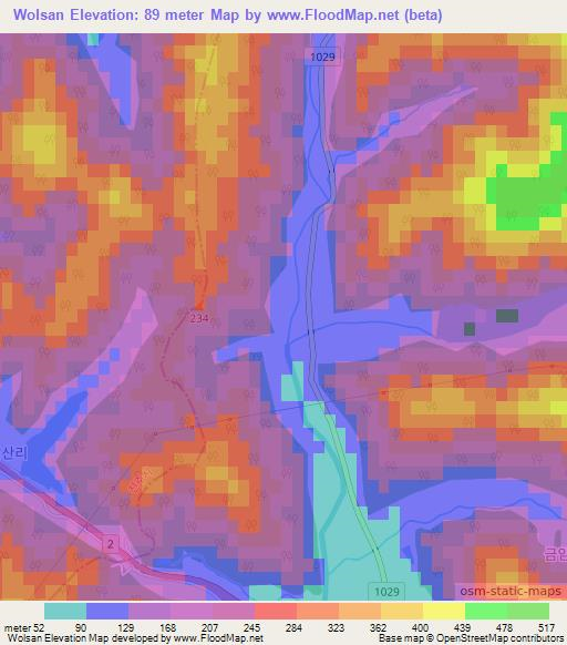 Wolsan,South Korea Elevation Map