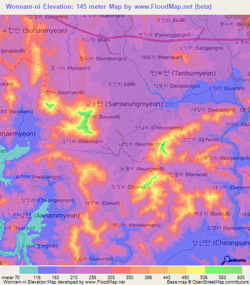 Wonnam-ni,South Korea Elevation Map