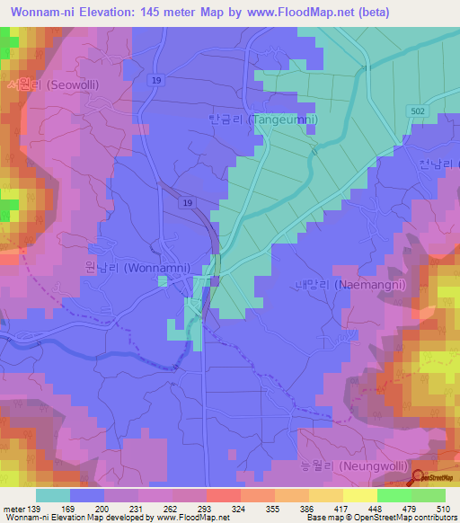 Wonnam-ni,South Korea Elevation Map