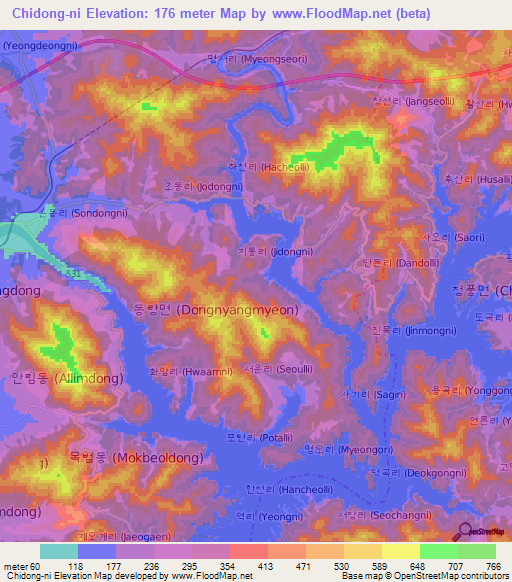 Chidong-ni,South Korea Elevation Map