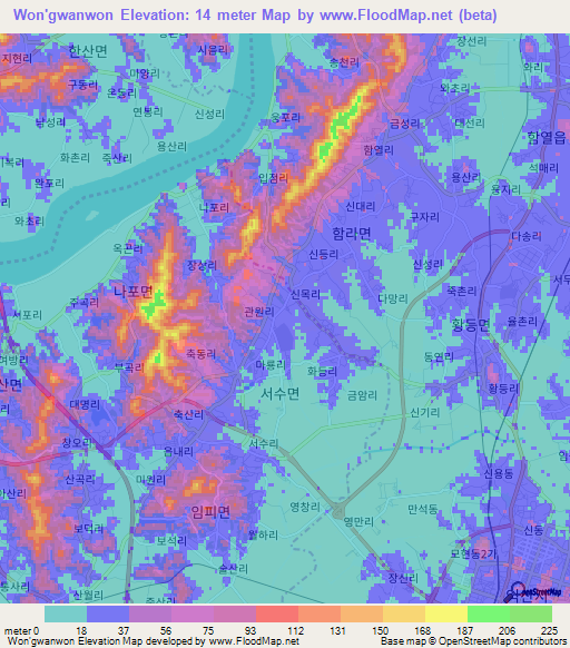 Won'gwanwon,South Korea Elevation Map