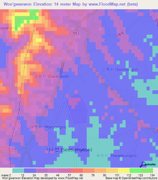 Won'gwanwon,South Korea Elevation Map