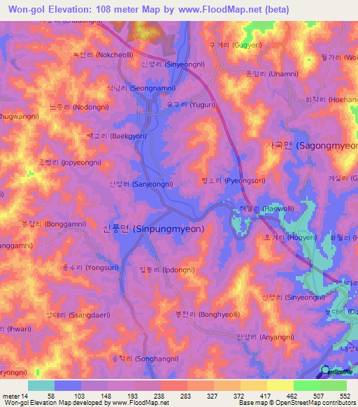 Won-gol,South Korea Elevation Map