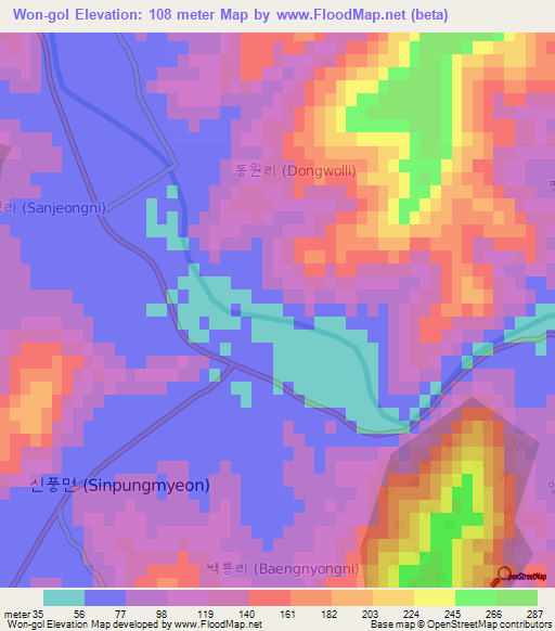 Won-gol,South Korea Elevation Map