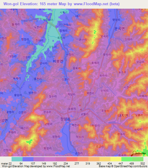 Won-gol,South Korea Elevation Map