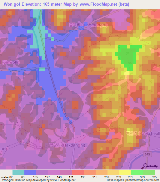 Won-gol,South Korea Elevation Map