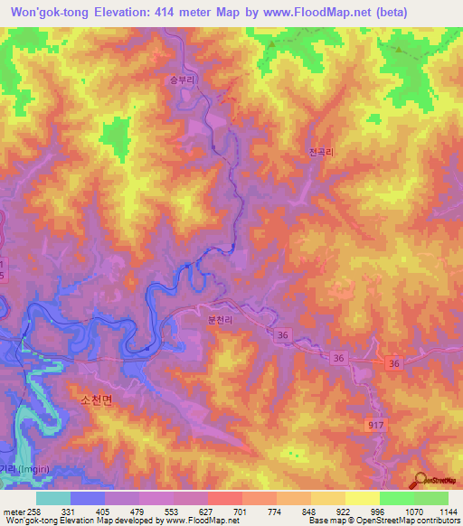 Won'gok-tong,South Korea Elevation Map