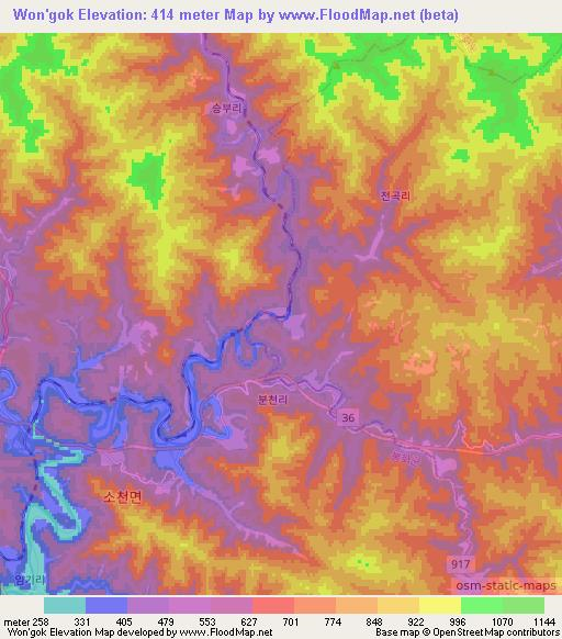 Won'gok,South Korea Elevation Map