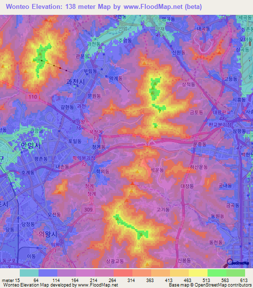 Wonteo,South Korea Elevation Map