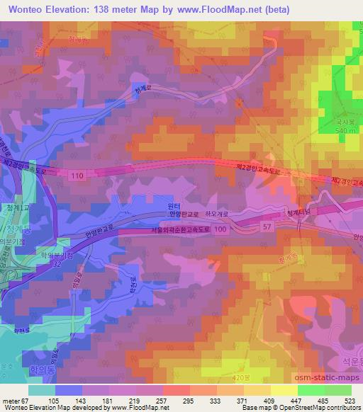 Wonteo,South Korea Elevation Map