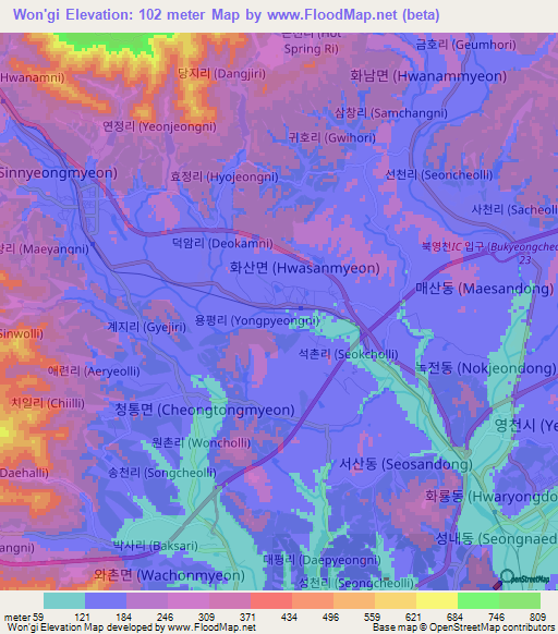 Won'gi,South Korea Elevation Map