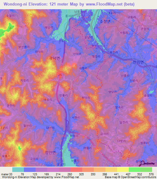 Wondong-ni,South Korea Elevation Map