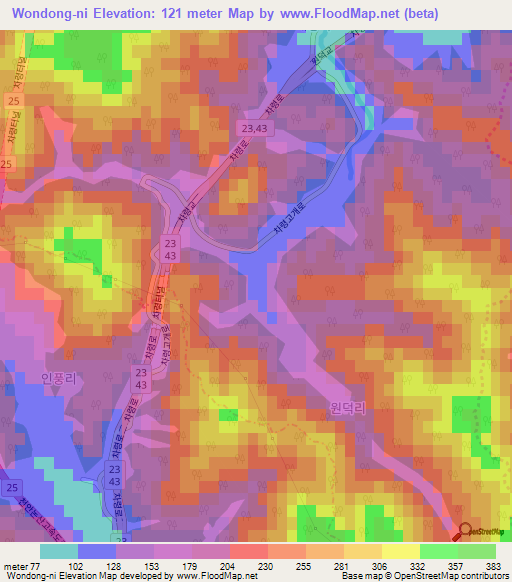 Wondong-ni,South Korea Elevation Map