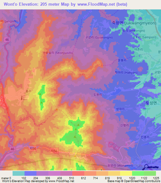 Wont'o,South Korea Elevation Map