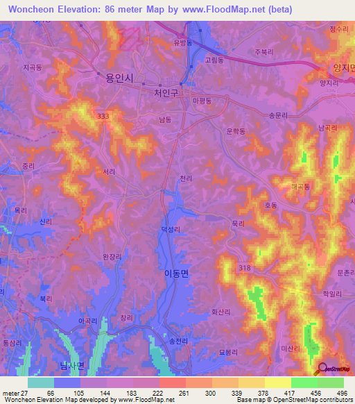 Woncheon,South Korea Elevation Map