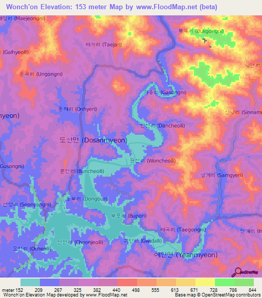 Wonch'on,South Korea Elevation Map