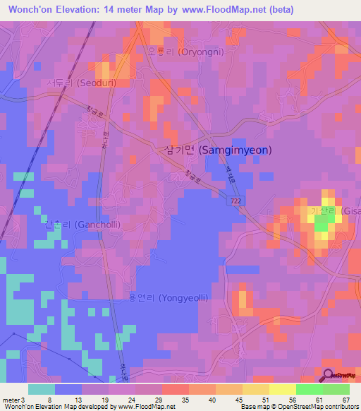 Wonch'on,South Korea Elevation Map