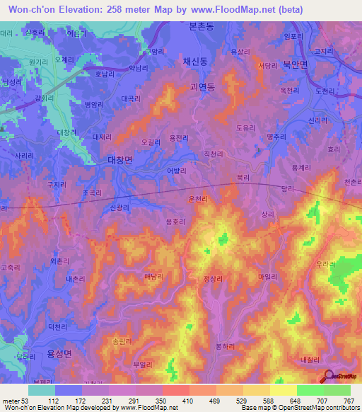 Won-ch'on,South Korea Elevation Map