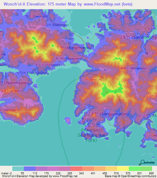 Wonch'ol-li,South Korea Elevation Map