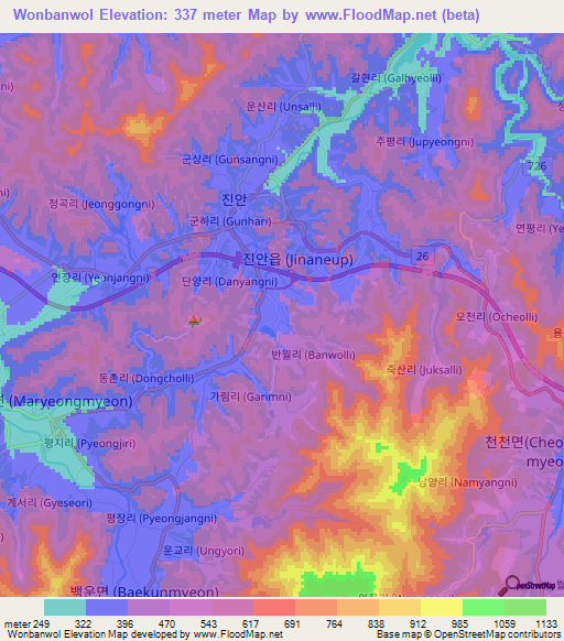 Wonbanwol,South Korea Elevation Map