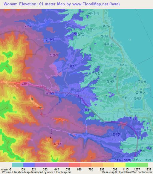 Wonam,South Korea Elevation Map