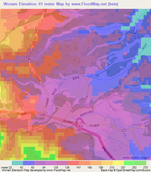 Wonam,South Korea Elevation Map