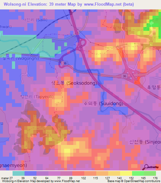 Wolsong-ni,South Korea Elevation Map