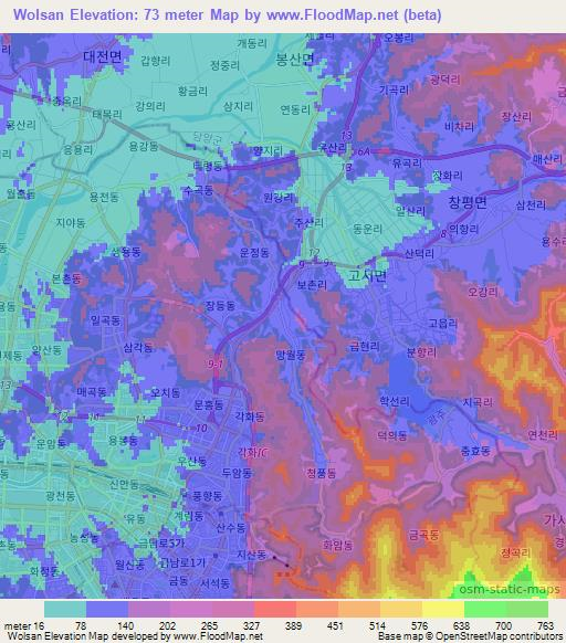 Wolsan,South Korea Elevation Map