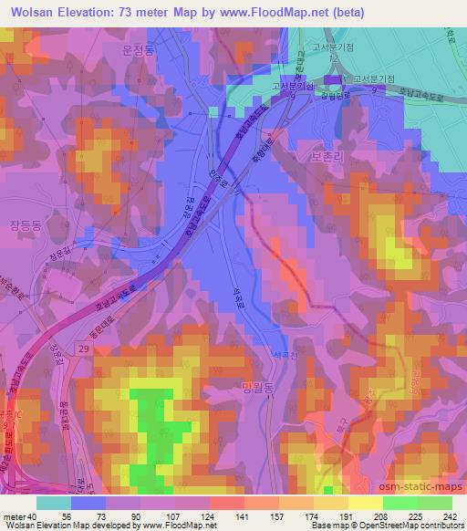 Wolsan,South Korea Elevation Map