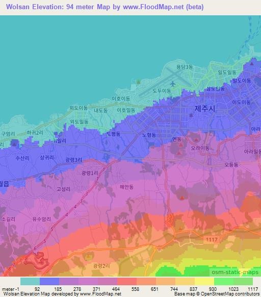 Wolsan,South Korea Elevation Map