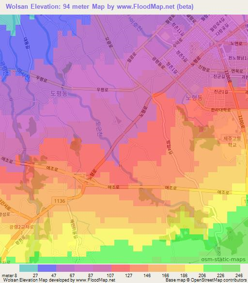 Wolsan,South Korea Elevation Map