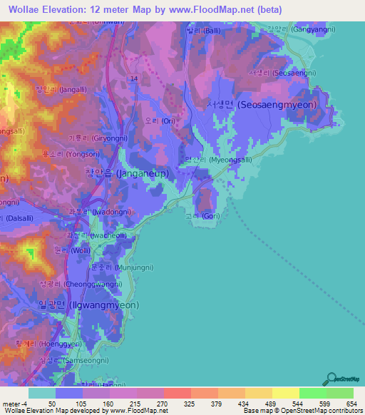 Wollae,South Korea Elevation Map