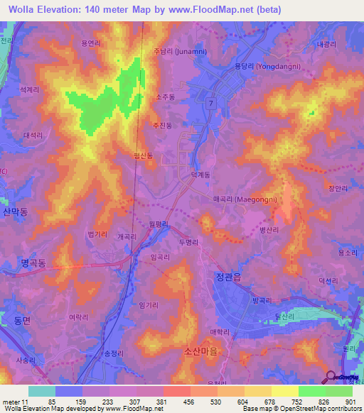 Wolla,South Korea Elevation Map