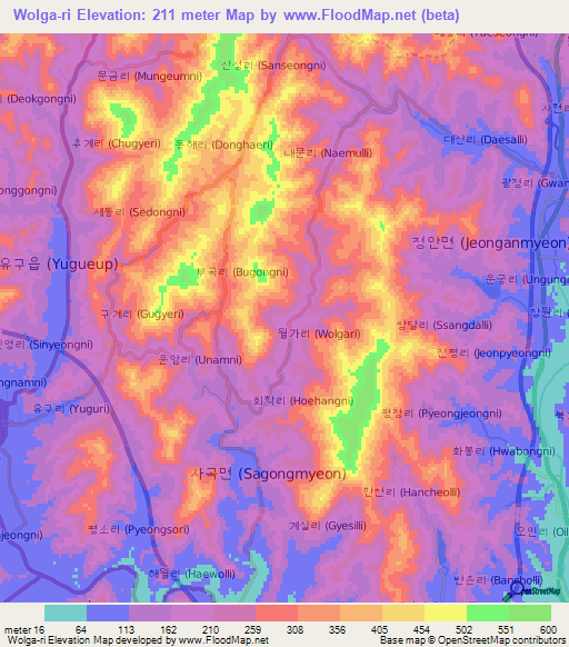 Wolga-ri,South Korea Elevation Map