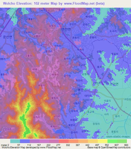 Wolcho,South Korea Elevation Map