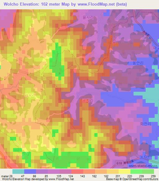 Wolcho,South Korea Elevation Map