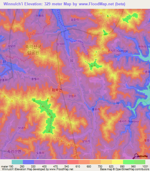 Winnulch'i,South Korea Elevation Map