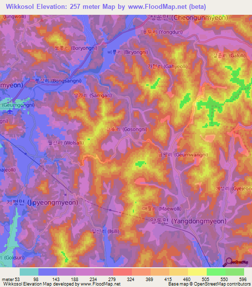 Wikkosol,South Korea Elevation Map