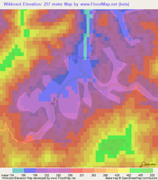 Wikkosol,South Korea Elevation Map