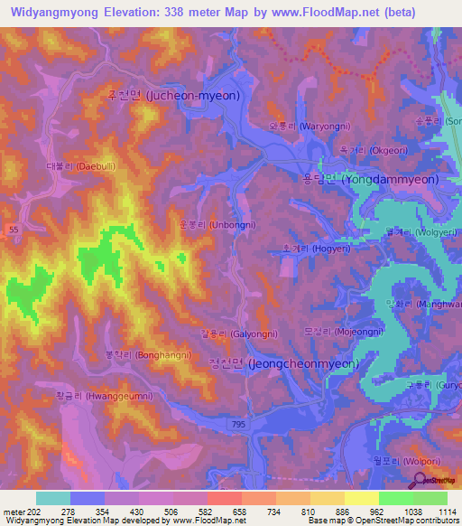 Widyangmyong,South Korea Elevation Map