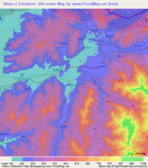 Wasu-ri,South Korea Elevation Map