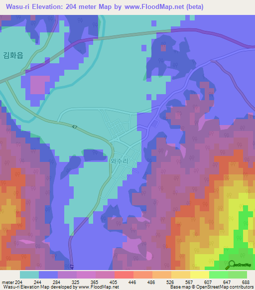 Wasu-ri,South Korea Elevation Map