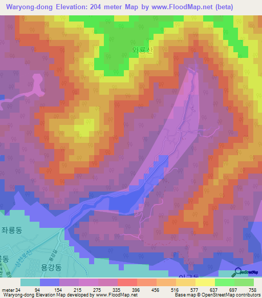 Waryong-dong,South Korea Elevation Map