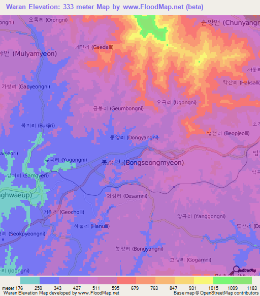 Waran,South Korea Elevation Map