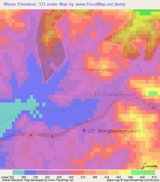 Waran,South Korea Elevation Map