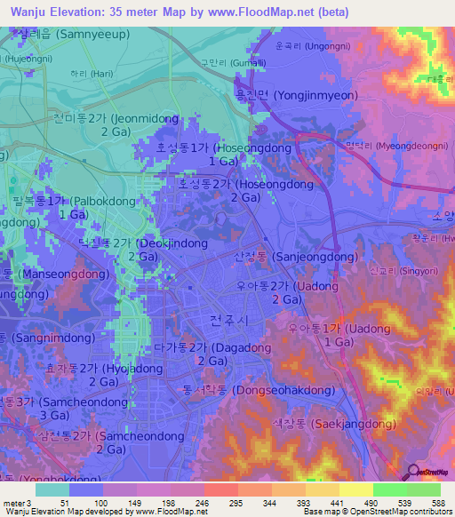 Wanju,South Korea Elevation Map