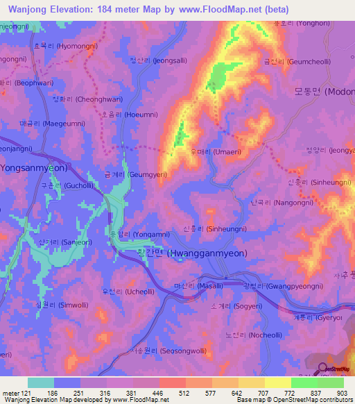 Wanjong,South Korea Elevation Map