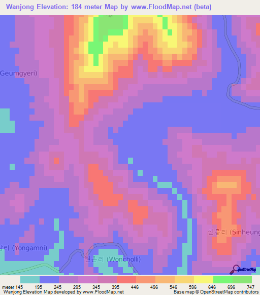 Wanjong,South Korea Elevation Map