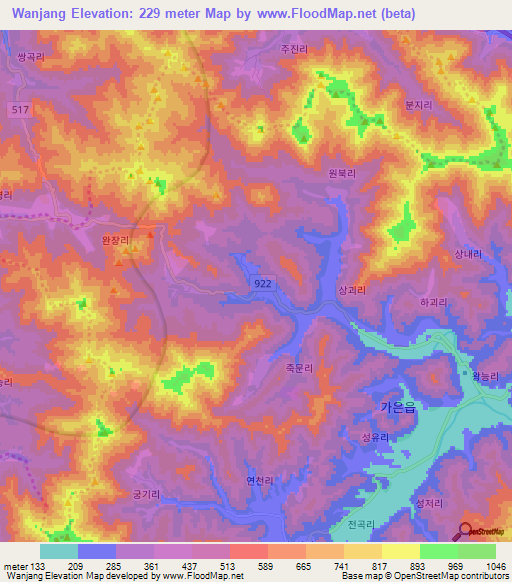 Wanjang,South Korea Elevation Map