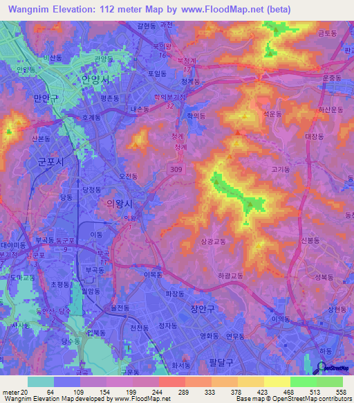 Wangnim,South Korea Elevation Map